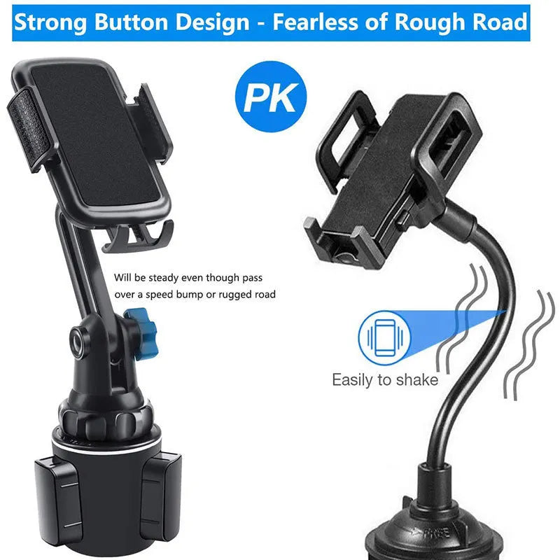 Black ABS plastic car phone holder with clip-on vent mount and 360-degree rotating head.