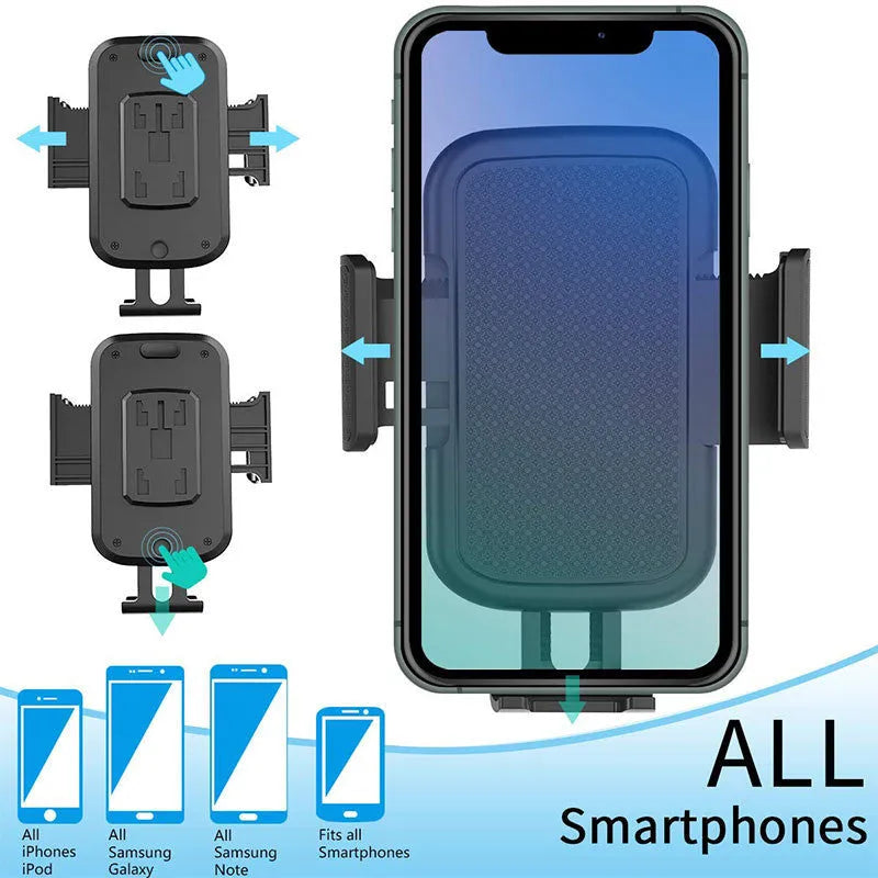 Black ABS plastic car phone holder with clip-on vent mount and 360-degree rotating head.