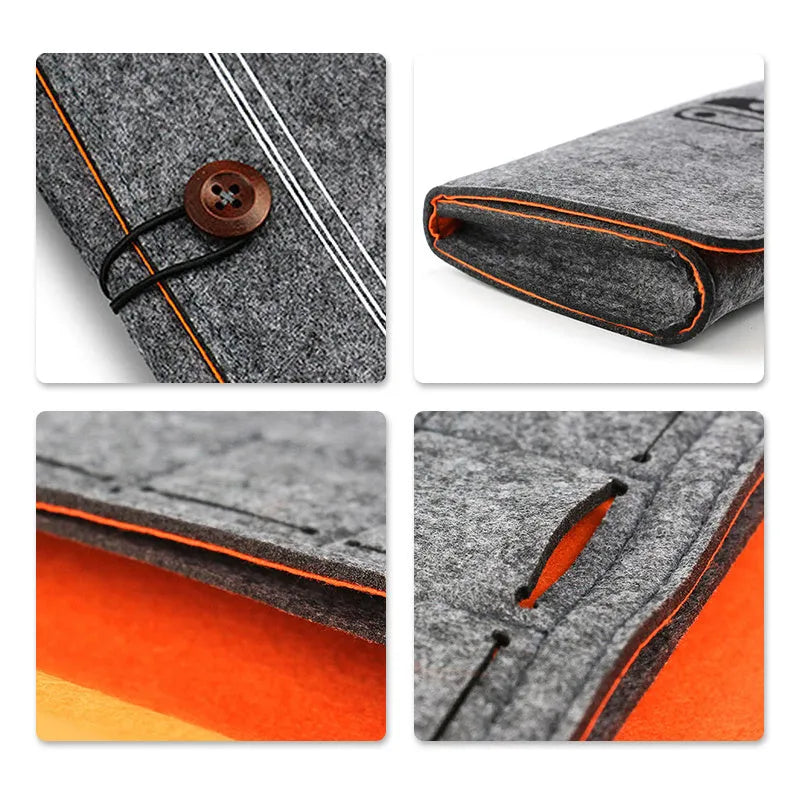 Black felt Nintendo Switch pouch case with game card slots and double layer storage compartments