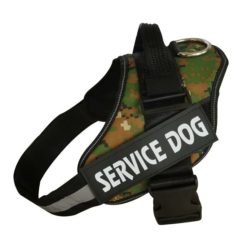 Adjustable no-pull dog harness vest with reflective strips and a chest strap, shown in various colours