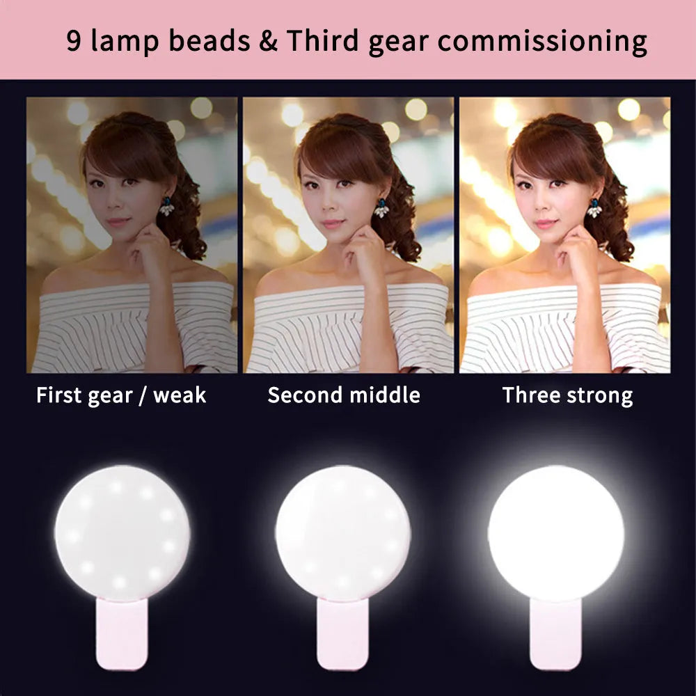 Mini clip-on mobile phone selfie fill light in white, pink, blue or black with professional flash