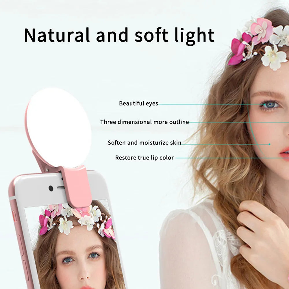 Mini clip-on mobile phone selfie fill light in white, pink, blue or black with professional flash