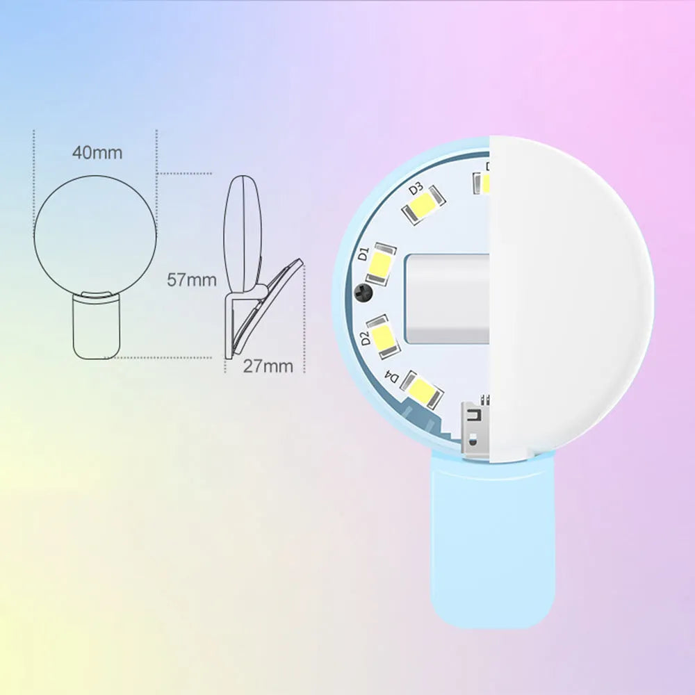 Mini clip-on mobile phone selfie fill light in white, pink, blue or black with professional flash