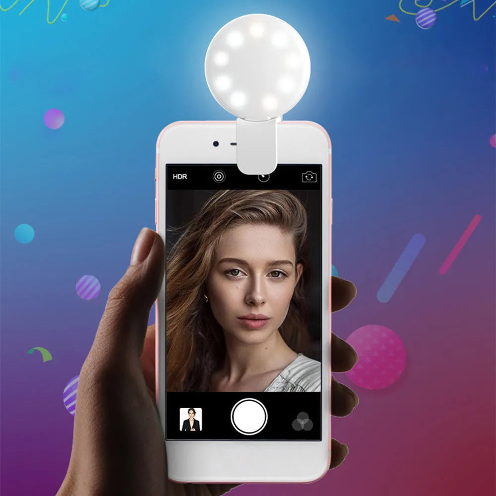 Mini clip-on mobile phone selfie fill light in white, pink, blue or black with professional flash