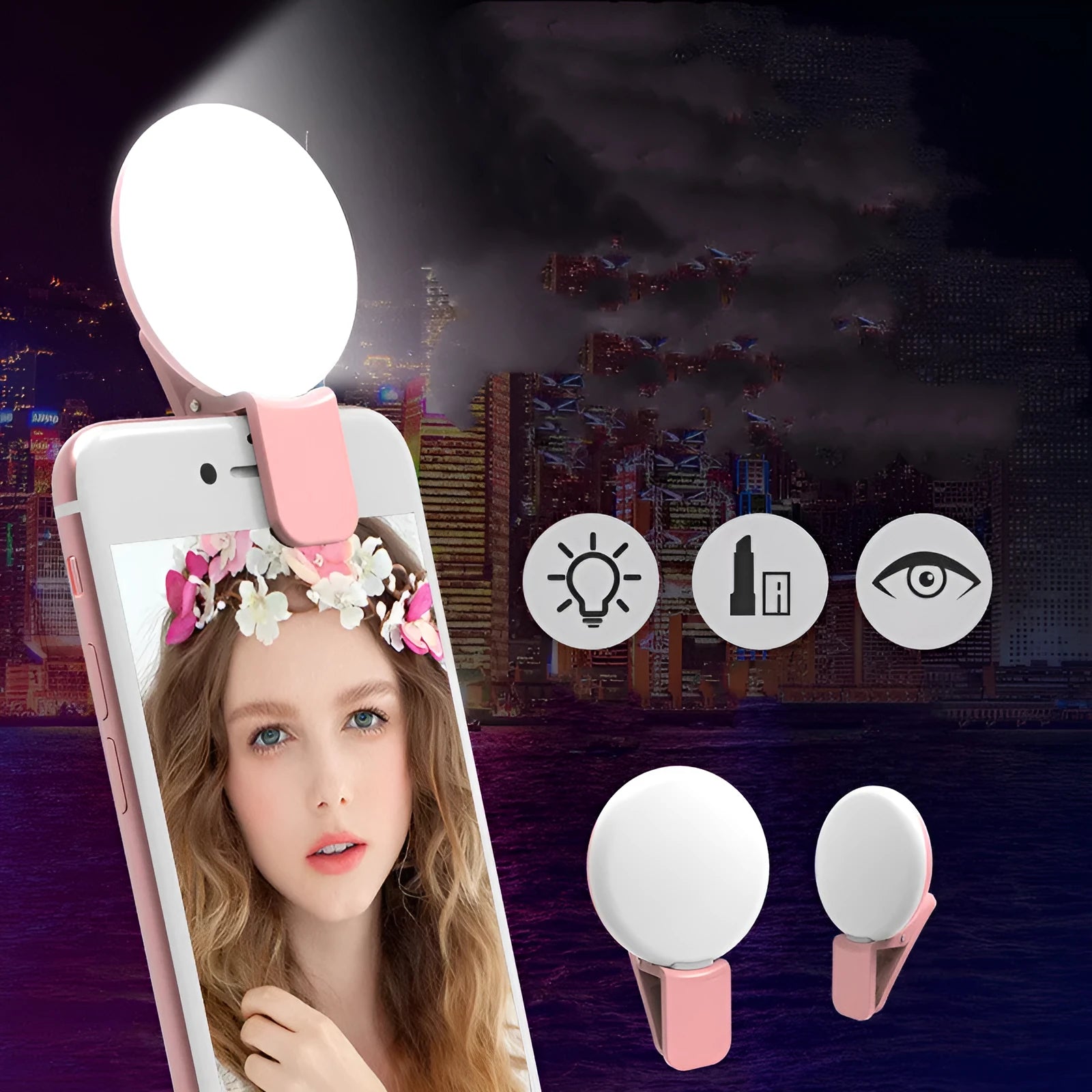 Mini clip-on mobile phone selfie fill light in white, pink, blue or black with professional flash