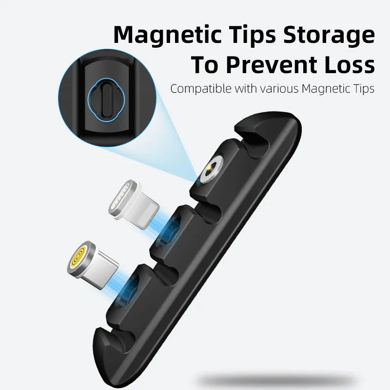 Black soft plastic desktop magnetic charging cable organiser with multiple cable slots