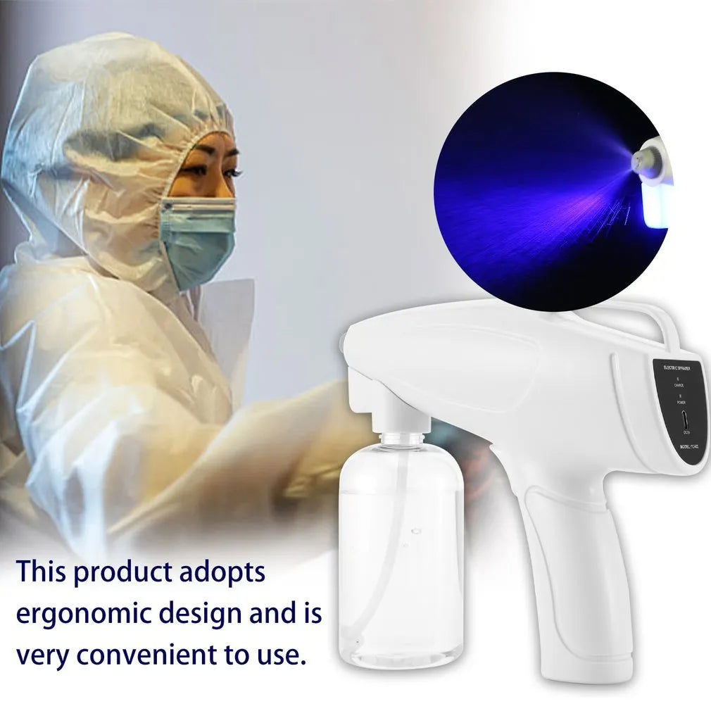 White handheld wireless electric spray disinfection gun with USB-C charging port