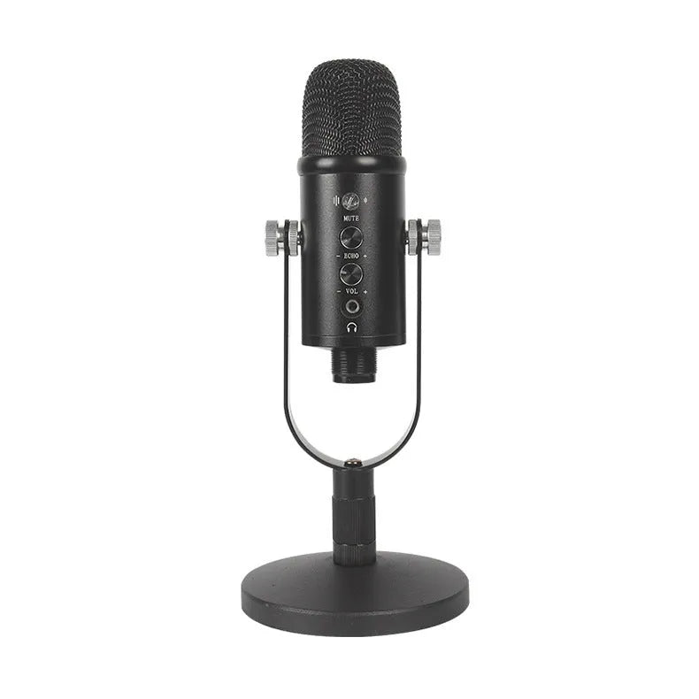 Black USB condenser microphone with metal base and sponge cover for broadcast recording