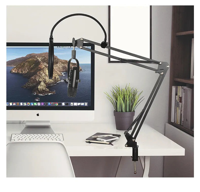 Black USB condenser microphone with metal base and sponge cover for broadcast recording