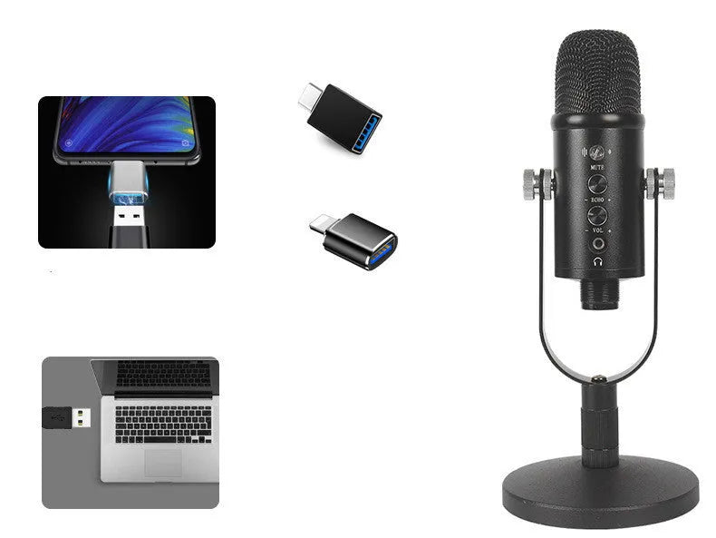 Black USB condenser microphone with metal base and sponge cover for broadcast recording