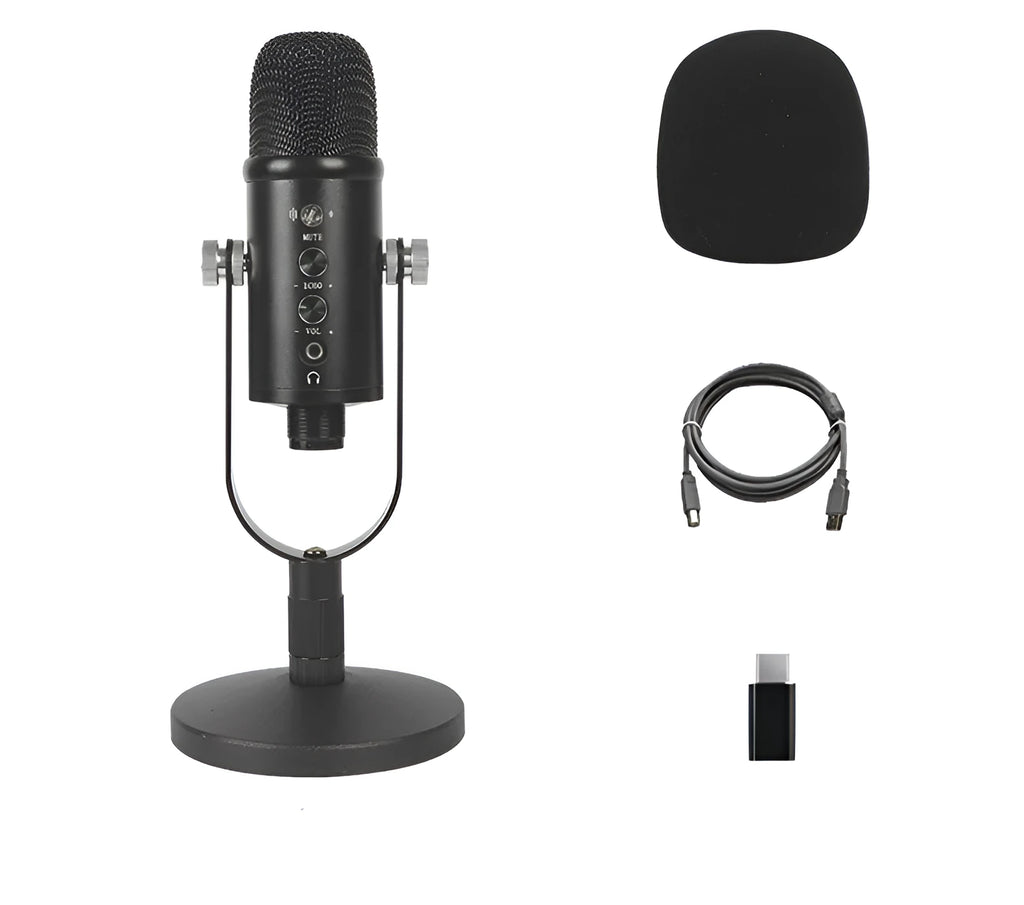 Black USB condenser microphone with metal base and sponge cover for broadcast recording
