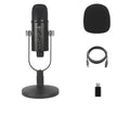 Black USB condenser microphone with metal base and sponge cover for broadcast recording