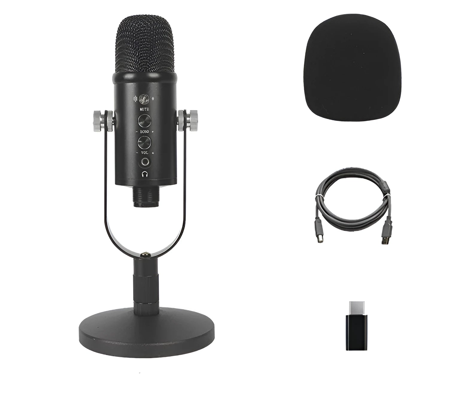 Black USB condenser microphone with metal base and sponge cover for broadcast recording