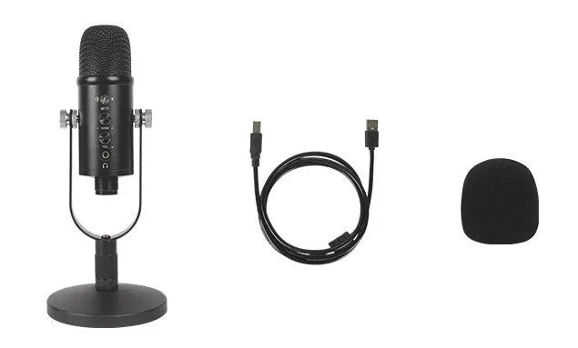 Black USB condenser microphone with metal base and sponge cover for broadcast recording