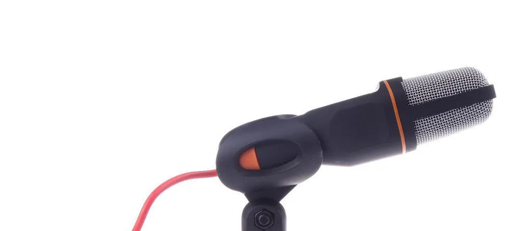 Black wired PC microphone with a holder clip and a long 1.85-metre cable connected to a mini-phone plug.