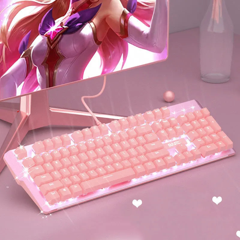 Pink mechanical keyboard and matching wired gaming mouse set on desktop