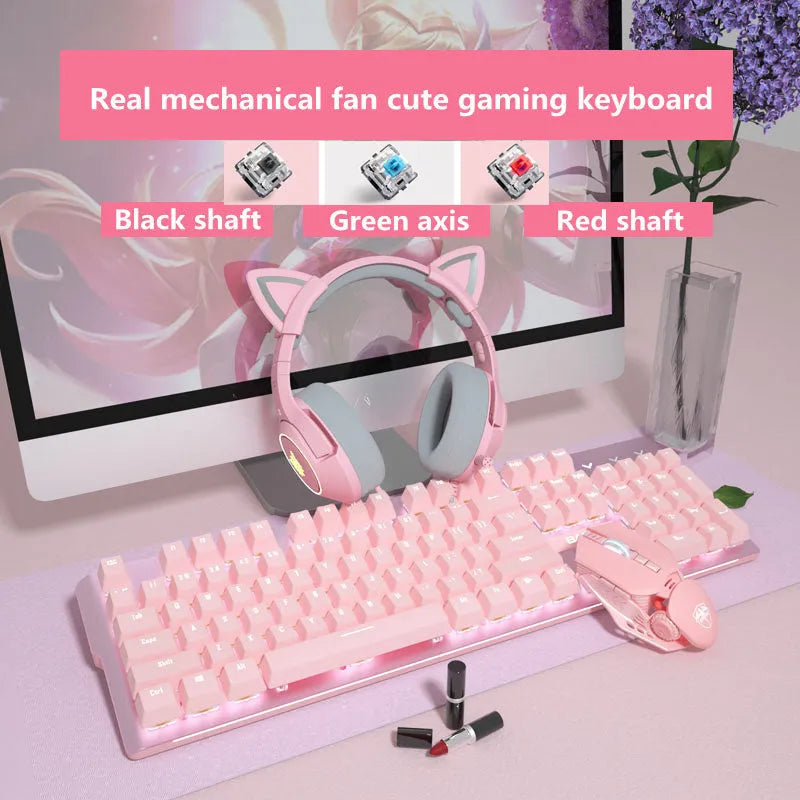 Pink mechanical keyboard and matching wired gaming mouse set on desktop