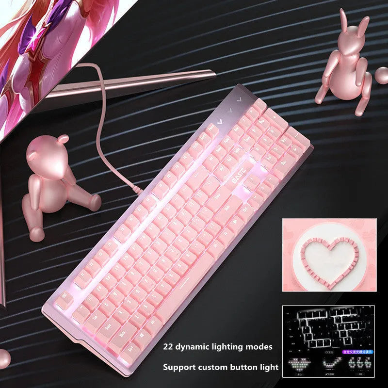 Pink mechanical keyboard and matching wired gaming mouse set on desktop