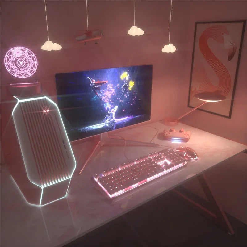 Pink mechanical keyboard and matching wired gaming mouse set on desktop