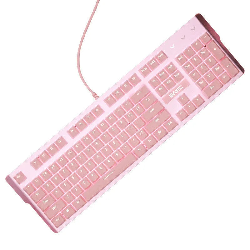 Pink mechanical keyboard and matching wired gaming mouse set on desktop