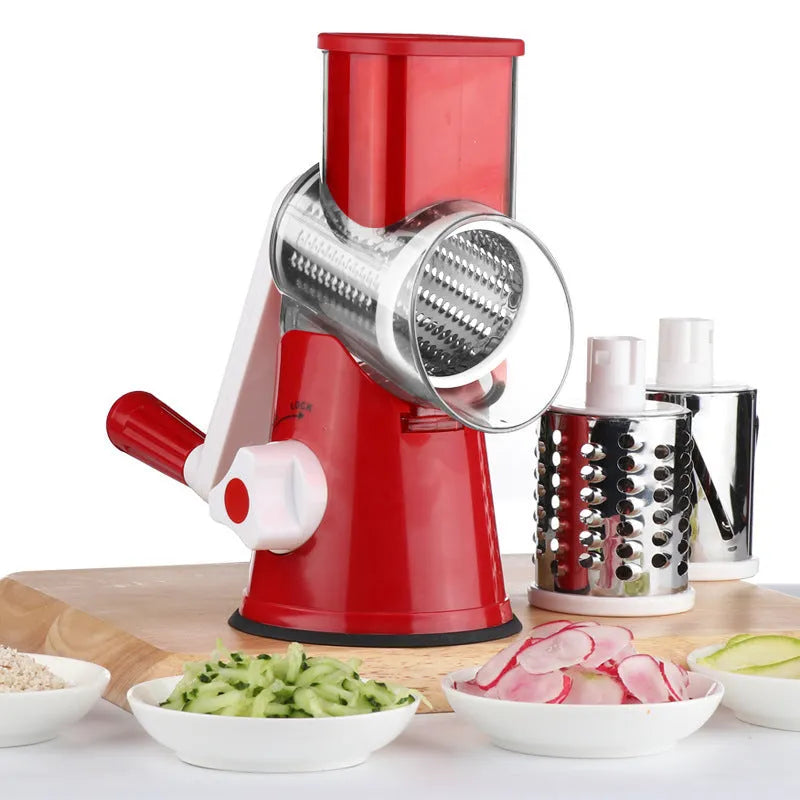 Multi-function blue vegetable chopper with suction cup base on a kitchen counter
