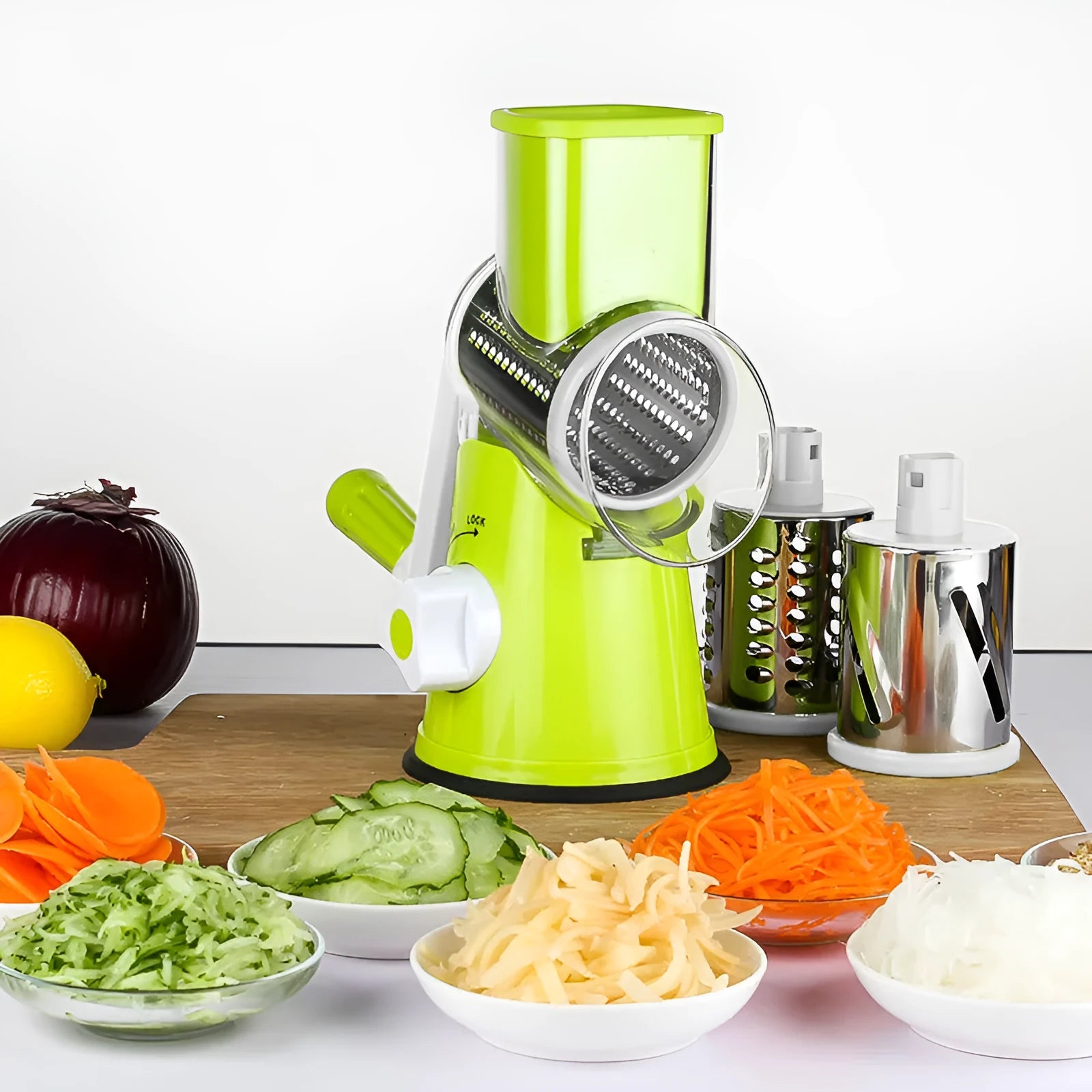 Multi-function blue vegetable chopper with suction cup base on a kitchen counter