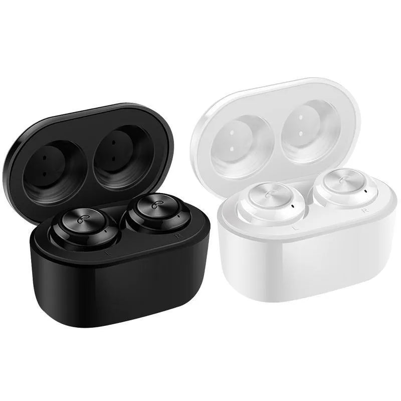Black and white A6 TWS wireless noise cancelling in-ear headphones with Bluetooth 5.0.