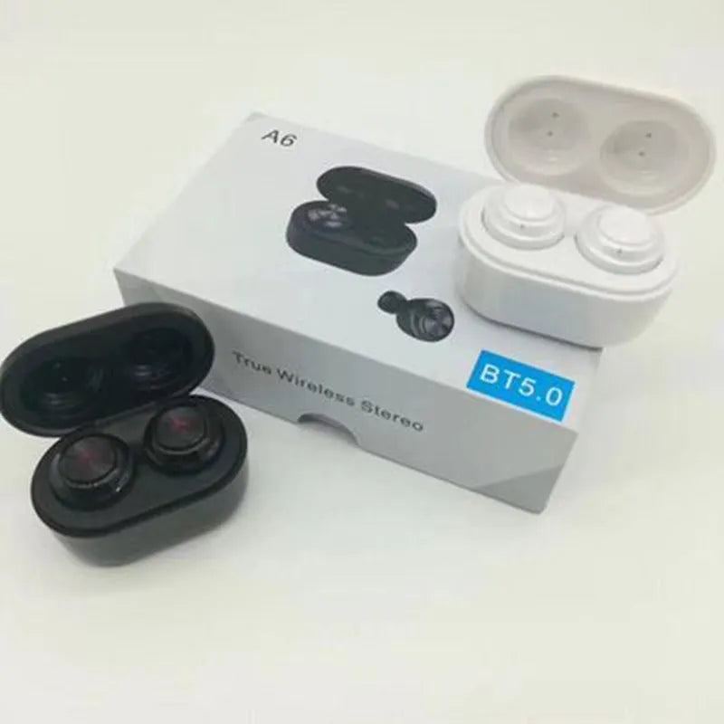 Black and white A6 TWS wireless noise cancelling in-ear headphones with Bluetooth 5.0.