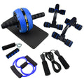 Green resistance bands and push-up bar abdominal fitness equipment set on a grey floor.