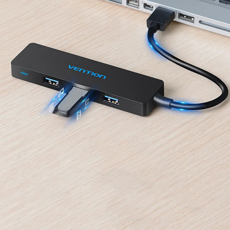 Black USB 3.0 four-port hub with 0.15m cable and nickel-plated connectors