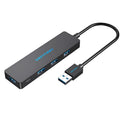 Black USB 3.0 four-port hub with 0.15m cable and nickel-plated connectors