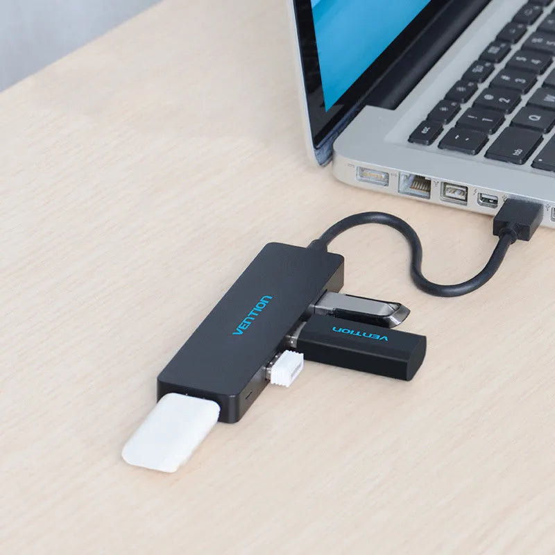 Black USB 3.0 four-port hub with 0.15m cable and nickel-plated connectors
