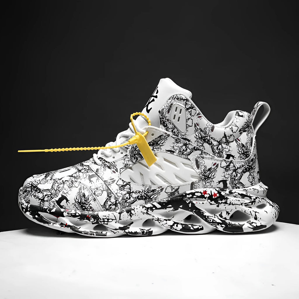 Men's high-top camouflage basketball shoes in multiple colours on a white background
