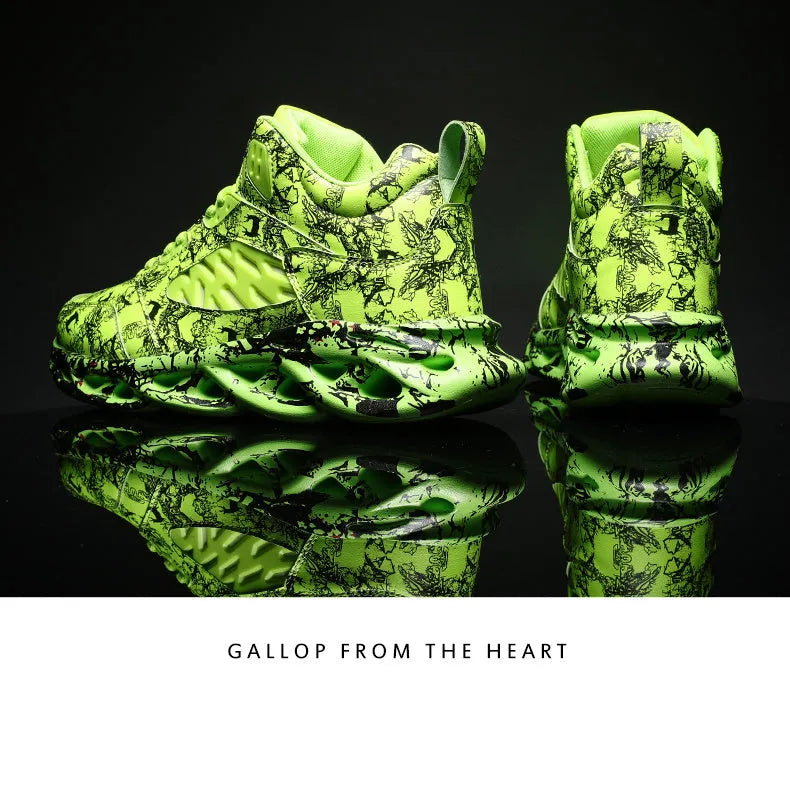 Men's high-top camouflage basketball shoes in multiple colours on a white background