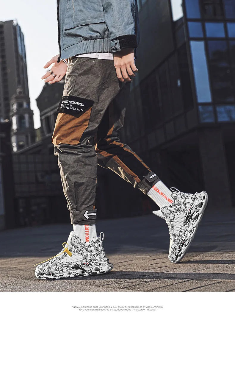 Men's high-top camouflage basketball shoes in multiple colours on a white background