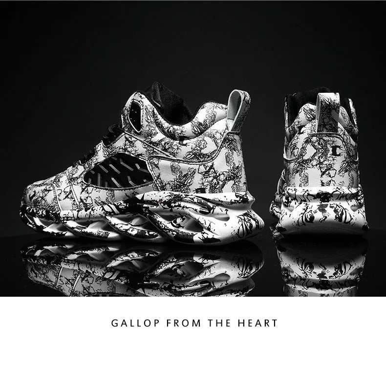 Men's high-top camouflage basketball shoes in multiple colours on a white background