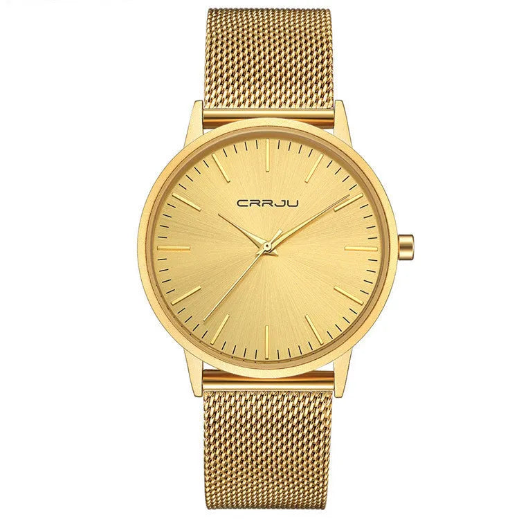 Casual business quartz watch with alloy case and mesh bracelet on wrist