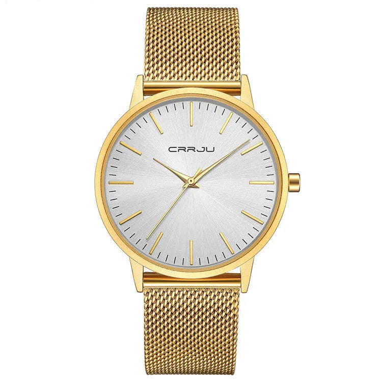 Casual business quartz watch with alloy case and mesh bracelet on wrist