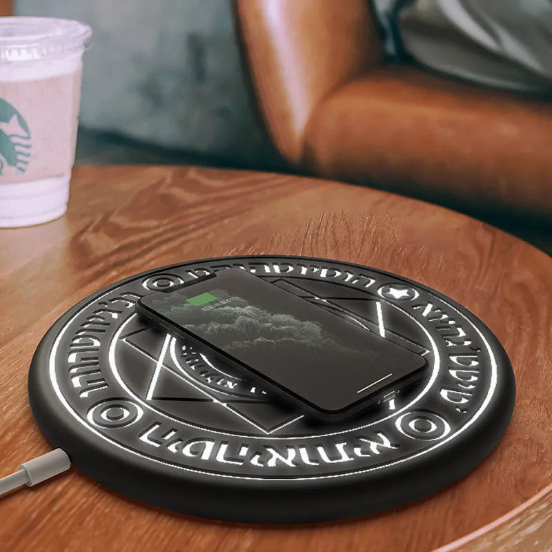 25cm square 10W fast wireless charger with glowing magic array pattern on surface