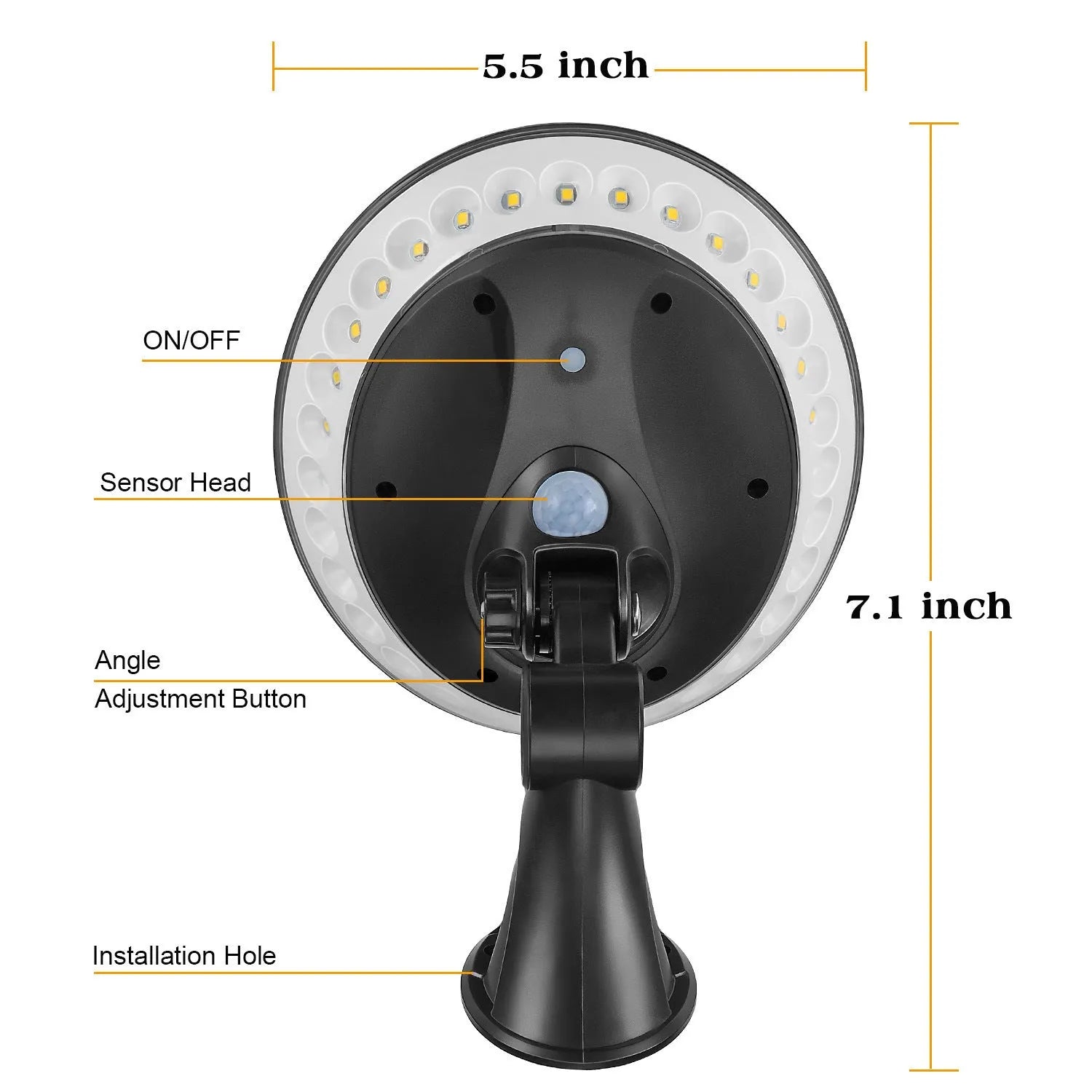 Solar-powered 360-degree garden light with motion sensor in ABS plastic housing