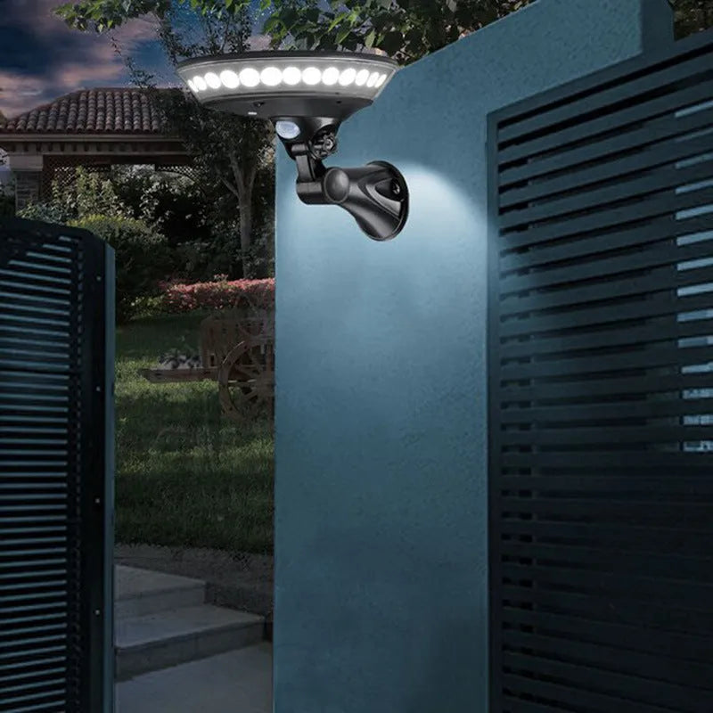 Solar-powered 360-degree garden light with motion sensor in ABS plastic housing
