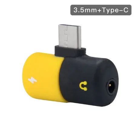 Blue audio charging splitter adapter for Huawei and Honor Android phones showing 3.5mm jack and USB-A port
