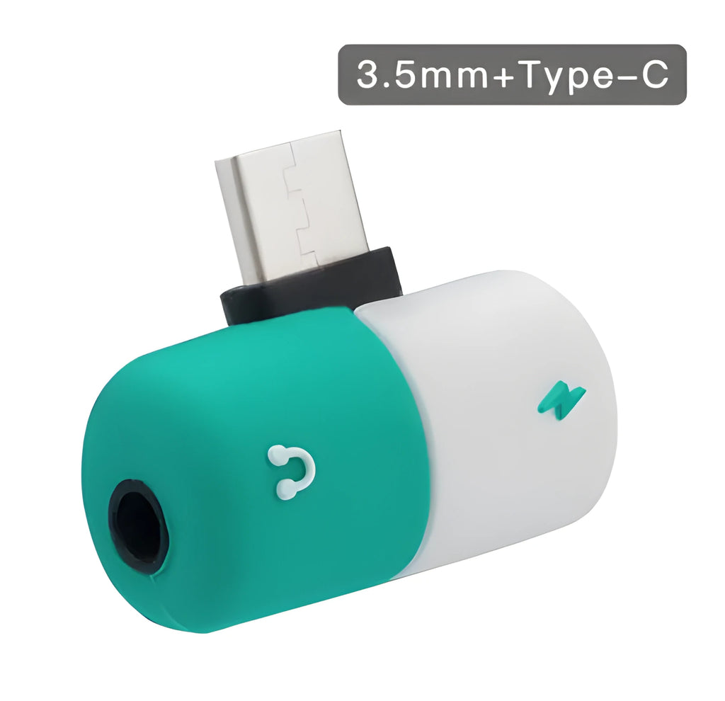 Blue audio charging splitter adapter for Huawei and Honor Android phones showing 3.5mm jack and USB-A port