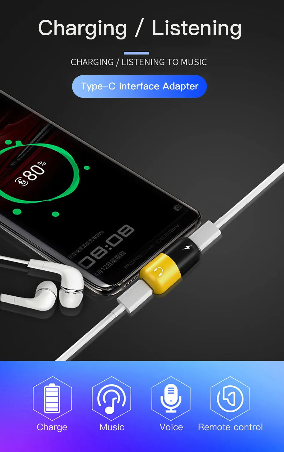 Blue audio charging splitter adapter for Huawei and Honor Android phones showing 3.5mm jack and USB-A port