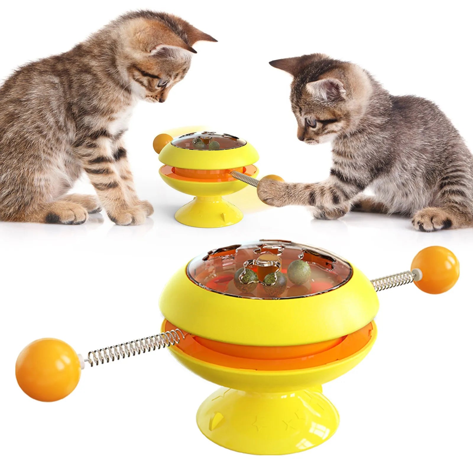 Rotatable cat toy with catnip balls in transparent compartment and large suction cup base