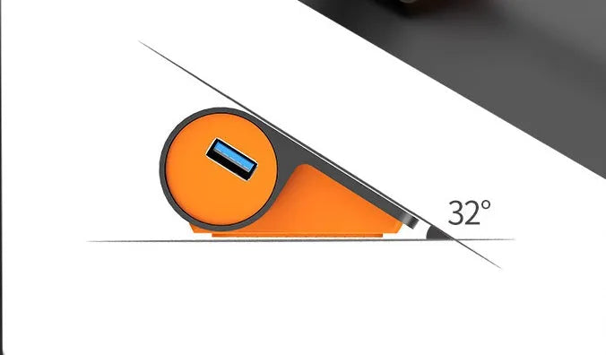 Dark grey and orange aluminium USB-C laptop docking hub with four USB 3.1 ports and a detachable data cable