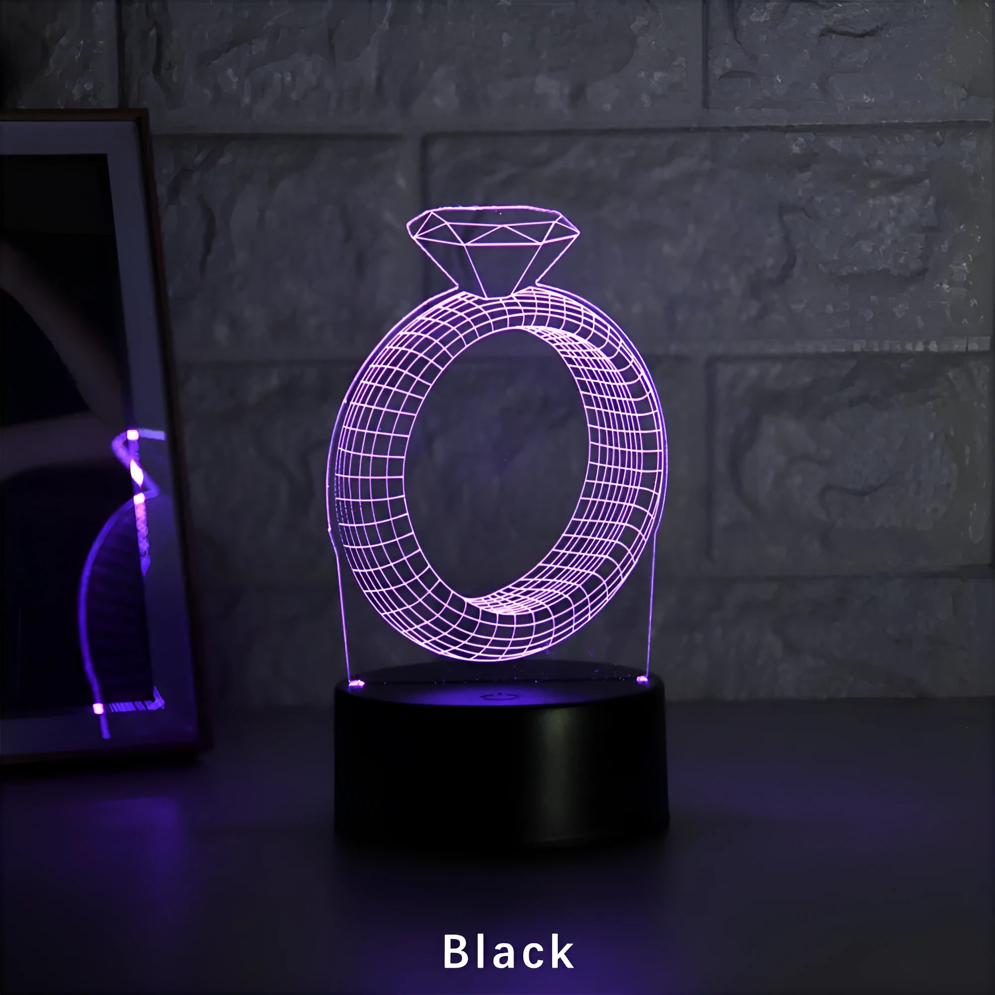 3D diamond ring LED night light with colour-changing lights on black or white base
