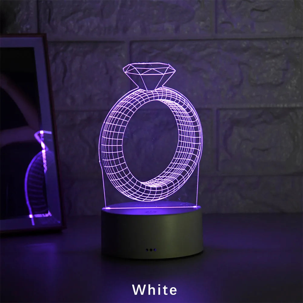 3D diamond ring LED night light with colour-changing lights on black or white base