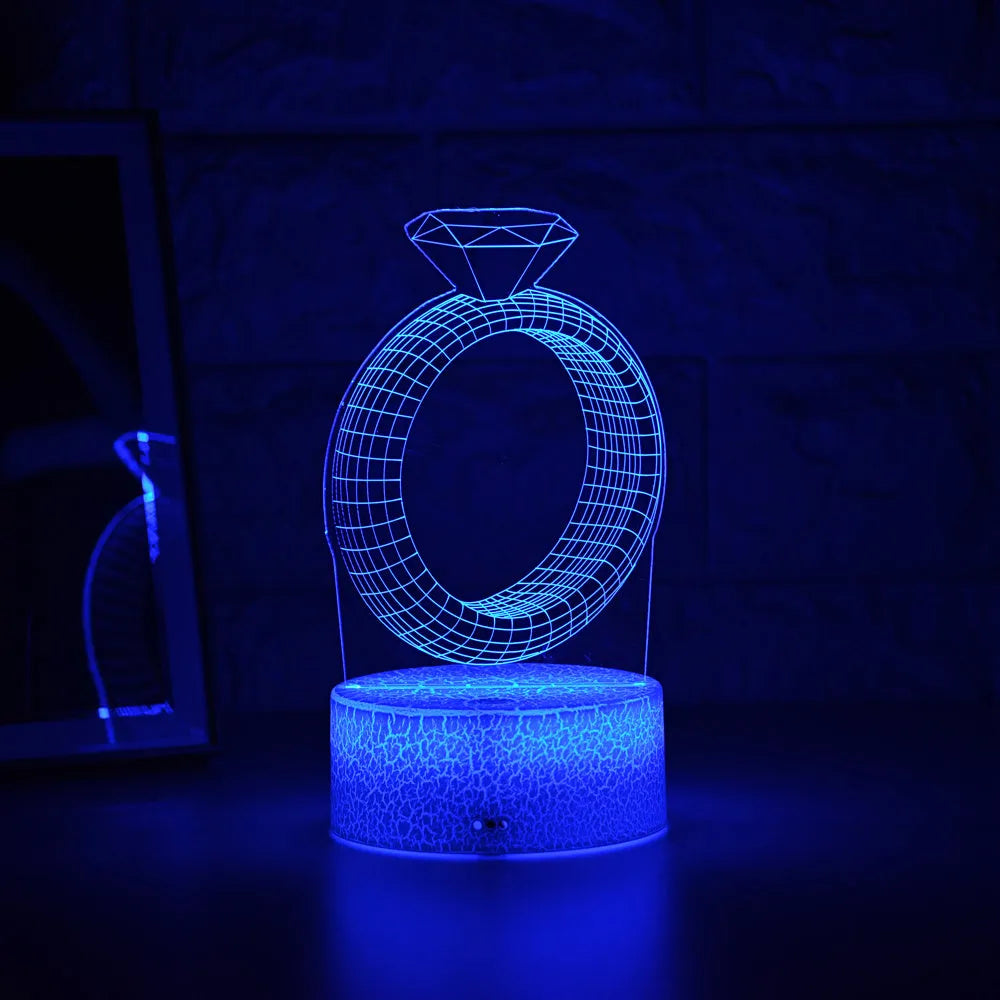 3D diamond ring LED night light with colour-changing lights on black or white base