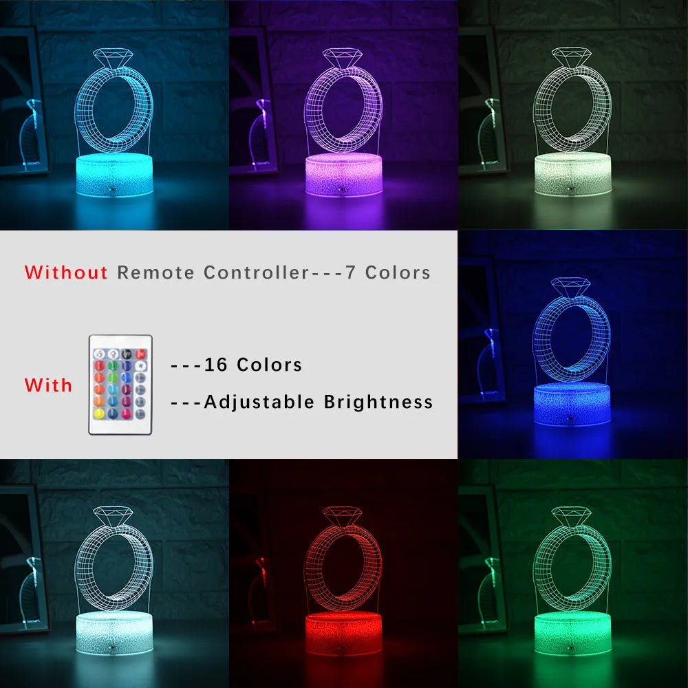 3D diamond ring LED night light with colour-changing lights on black or white base